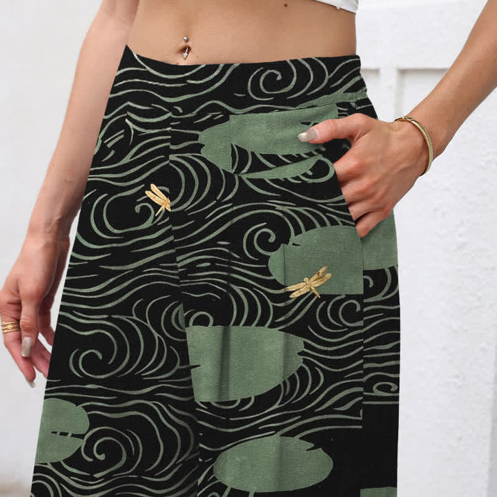 Buddha Stones Damenhose mit weitem Bein, elastischem Bund und Taschen, Baumwoll-Leinen-Mischgewebe, Lotusblatt-Koi-Fisch-Wellenmuster - image 2