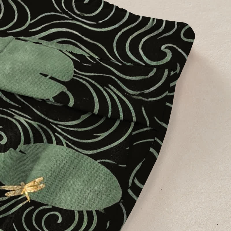 Buddha Stones Damenhose mit weitem Bein, elastischem Bund und Taschen, Baumwoll-Leinen-Mischgewebe, Lotusblatt-Koi-Fisch-Wellenmuster - image 3