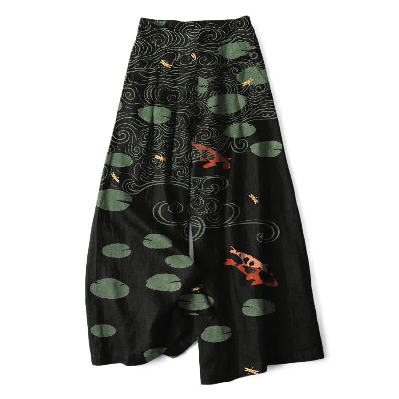 Buddha Stones Damenhose mit weitem Bein, elastischem Bund und Taschen, Baumwoll-Leinen-Mischgewebe, Lotusblatt-Koi-Fisch-Wellenmuster - Schwarz - US16, UK/AU20, EU48 (3XL) - image 0