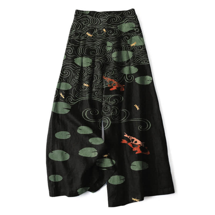 Buddha Stones Damenhose mit weitem Bein, elastischem Bund und Taschen, Baumwoll-Leinen-Mischgewebe, Lotusblatt-Koi-Fisch-Wellenmuster - Schwarz - US16, UK/AU20, EU48 (3XL) - image 0