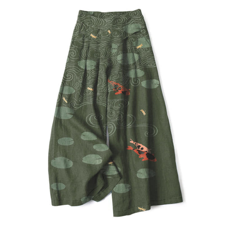Buddha Stones Damenhose mit weitem Bein, elastischem Bund und Taschen, Baumwoll-Leinen-Mischgewebe, Lotusblatt-Koi-Fisch-Wellenmuster - Dunkelolivgrün - US16, UK/AU20, EU48 (3XL) - image 5