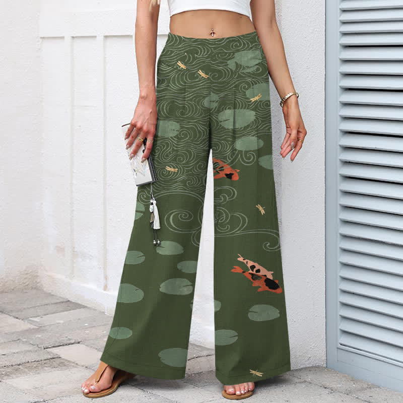 Buddha Stones Damenhose mit weitem Bein, elastischem Bund und Taschen, Baumwoll-Leinen-Mischgewebe, Lotusblatt-Koi-Fisch-Wellenmuster - image 6