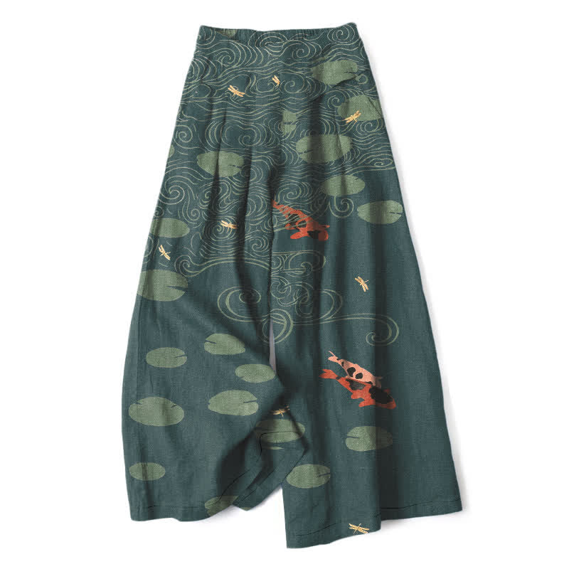 Buddha Stones Damenhose mit weitem Bein, elastischem Bund und Taschen, Baumwoll-Leinen-Mischgewebe, Lotusblatt-Koi-Fisch-Wellenmuster - Türkis - US16, UK/AU20, EU48 (3XL) - image 7