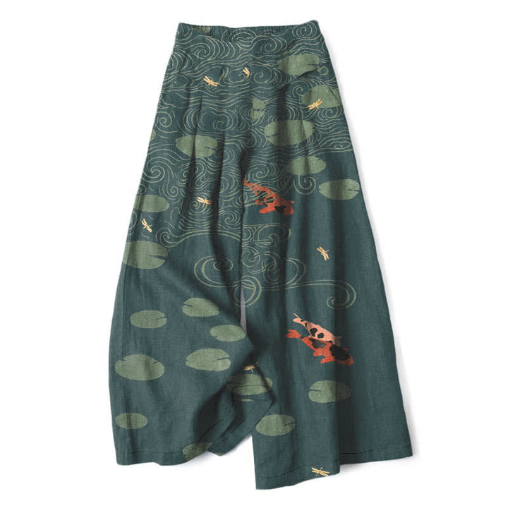 Buddha Stones Damenhose mit weitem Bein, elastischem Bund und Taschen, Baumwoll-Leinen-Mischgewebe, Lotusblatt-Koi-Fisch-Wellenmuster - Türkis - US16, UK/AU20, EU48 (3XL) - image 7