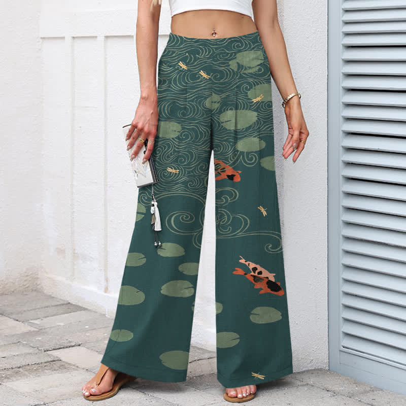 Buddha Stones Damenhose mit weitem Bein, elastischem Bund und Taschen, Baumwoll-Leinen-Mischgewebe, Lotusblatt-Koi-Fisch-Wellenmuster - image 8