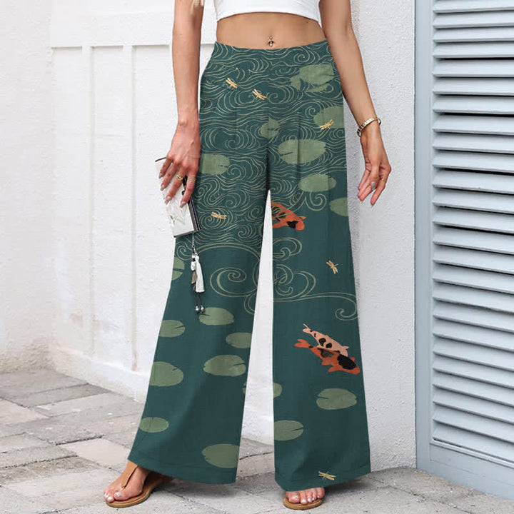 Buddha Stones Damenhose mit weitem Bein, elastischem Bund und Taschen, Baumwoll-Leinen-Mischgewebe, Lotusblatt-Koi-Fisch-Wellenmuster - image 8