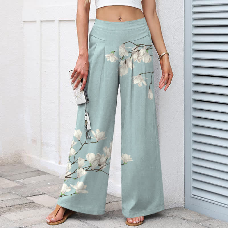 Buddha Stones Baumwoll-Leinen-Hose mit Vintage-Blumenmuster, elastischem Bund, weitem Bein und Taschen - image 1