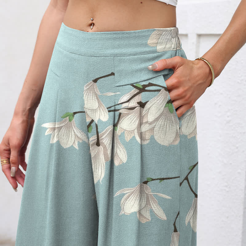 Buddha Stones Baumwoll-Leinen-Hose mit Vintage-Blumenmuster, elastischem Bund, weitem Bein und Taschen - image 2
