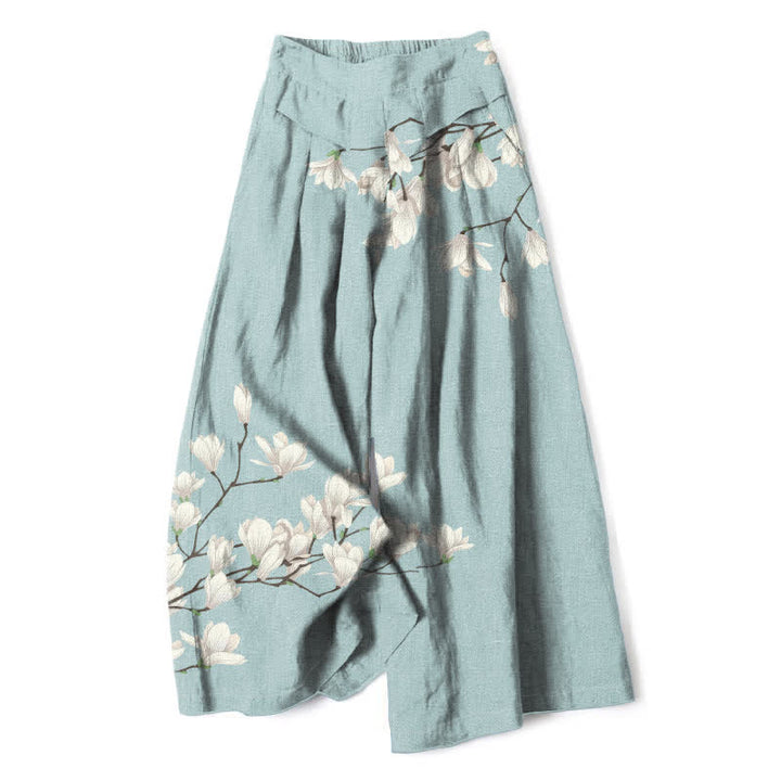 Buddha Stones Baumwoll-Leinen-Hose mit Vintage-Blumenmuster, elastischem Bund, weitem Bein und Taschen - Helltürkis - US16, UK/AU20, EU48 (3XL) - image 0