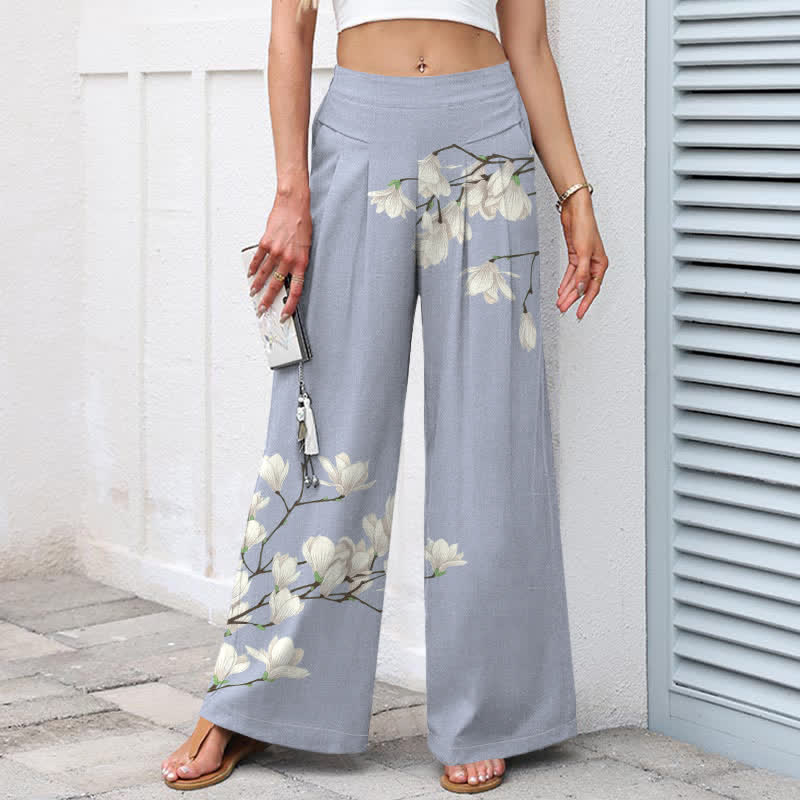 Buddha Stones Baumwoll-Leinen-Hose mit Vintage-Blumenmuster, elastischem Bund, weitem Bein und Taschen - image 8