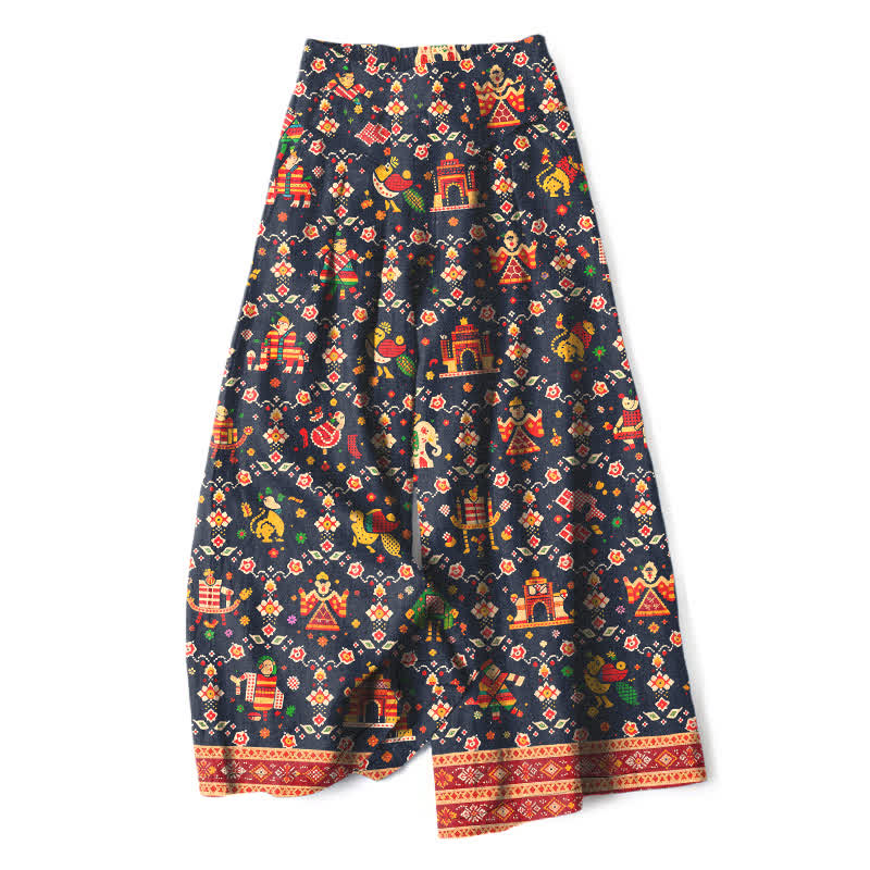 Buddha Stones Damenhose aus Baumwoll-Leinen-Mischgewebe mit geometrischem Bohème-Muster, elastischem Bund, weitem Bein und Taschen - Mitternachtsblau - US16, UK/AU20, EU48 (3XL) - image 0