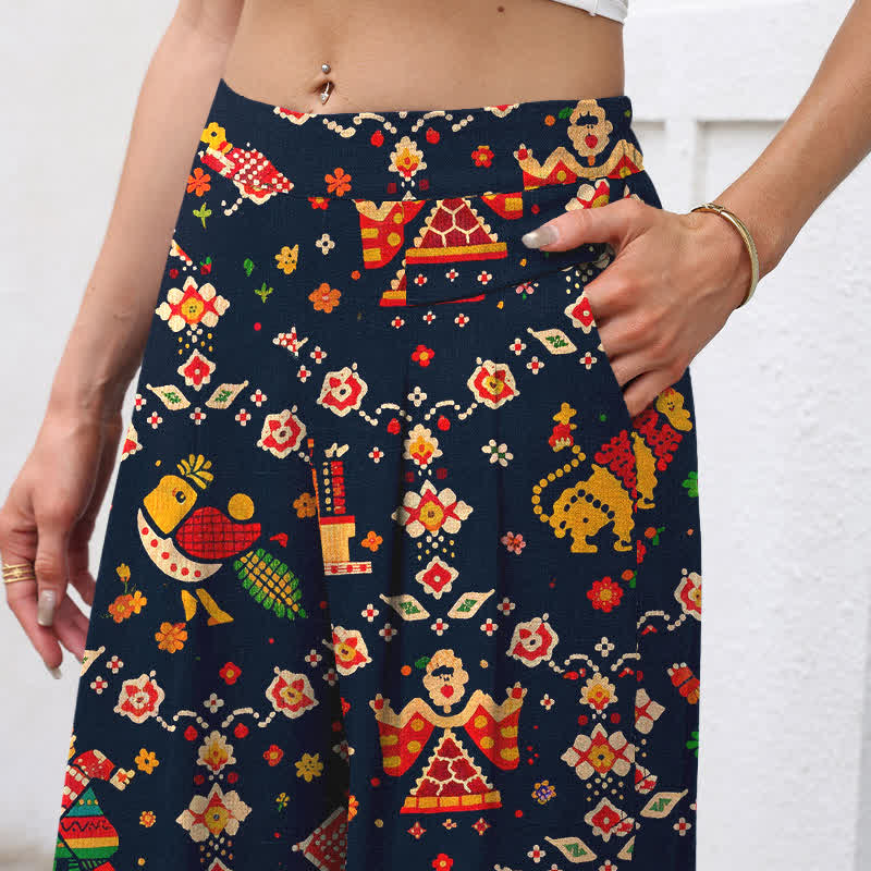 Buddha Stones Damenhose aus Baumwoll-Leinen-Mischgewebe mit geometrischem Bohème-Muster, elastischem Bund, weitem Bein und Taschen - image 2