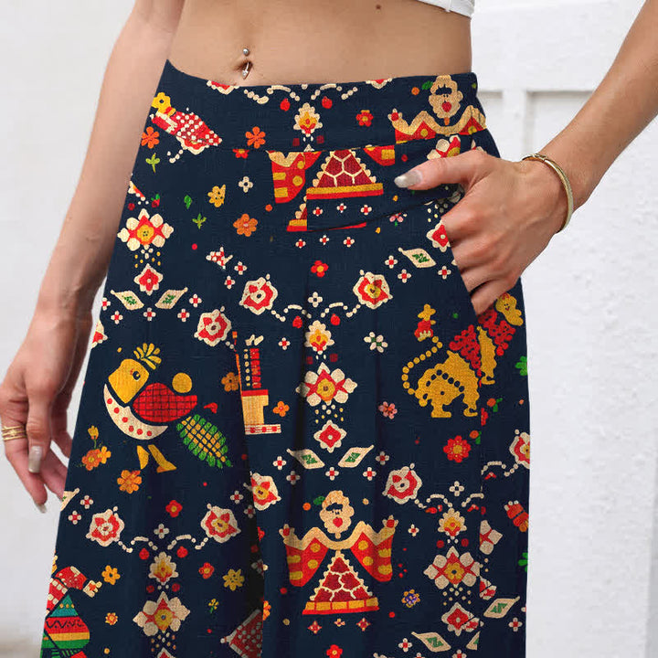 Buddha Stones Damenhose aus Baumwoll-Leinen-Mischgewebe mit geometrischem Bohème-Muster, elastischem Bund, weitem Bein und Taschen - image 2