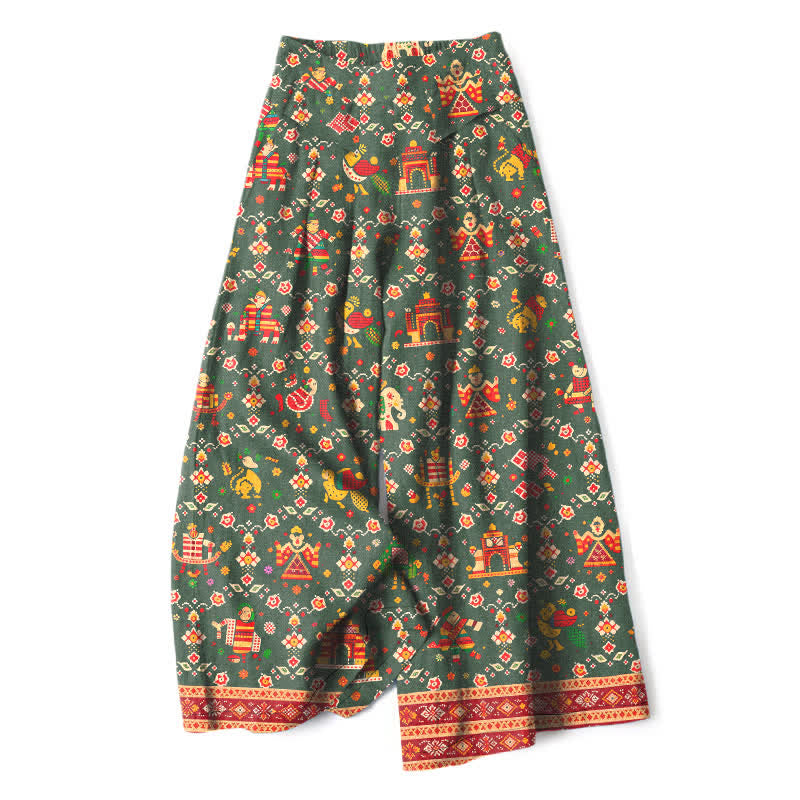 Buddha Stones Damenhose aus Baumwoll-Leinen-Mischgewebe mit geometrischem Bohème-Muster, elastischem Bund, weitem Bein und Taschen - Dunkelolivgrün - US16, UK/AU20, EU48 (3XL) - image 5