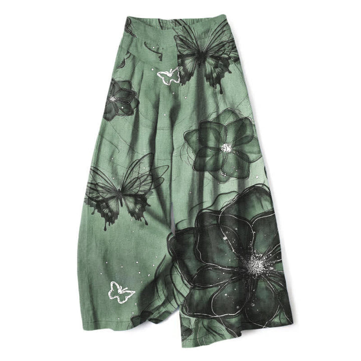 Buddha Stones Baumwoll-Leinen-Hose mit Schmetterlings- und Blumenmuster, elastischem Bund, weitem Bein und Taschen - Mittelaquamarin - US16, UK/AU20, EU48 (3XL) - image 0