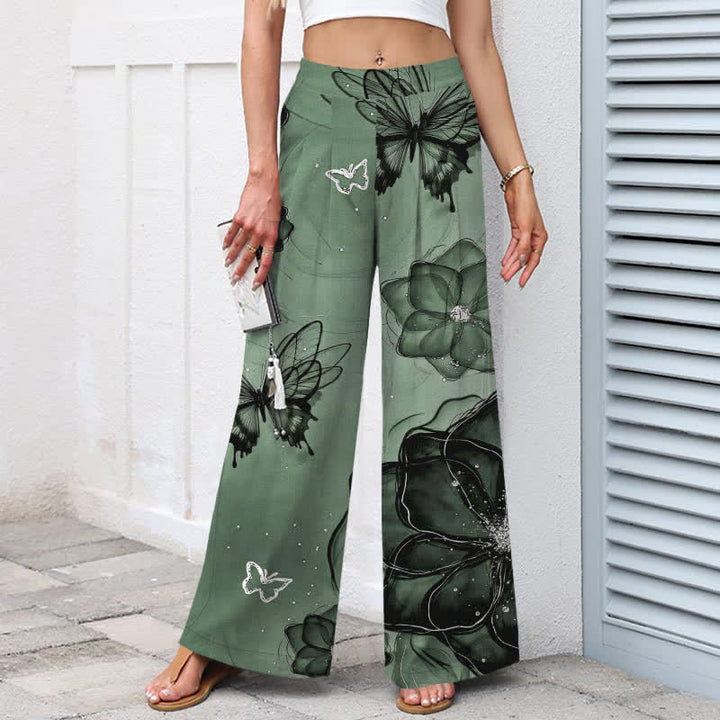 Buddha Stones Baumwoll-Leinen-Hose mit Schmetterlings- und Blumenmuster, elastischem Bund, weitem Bein und Taschen - image 1