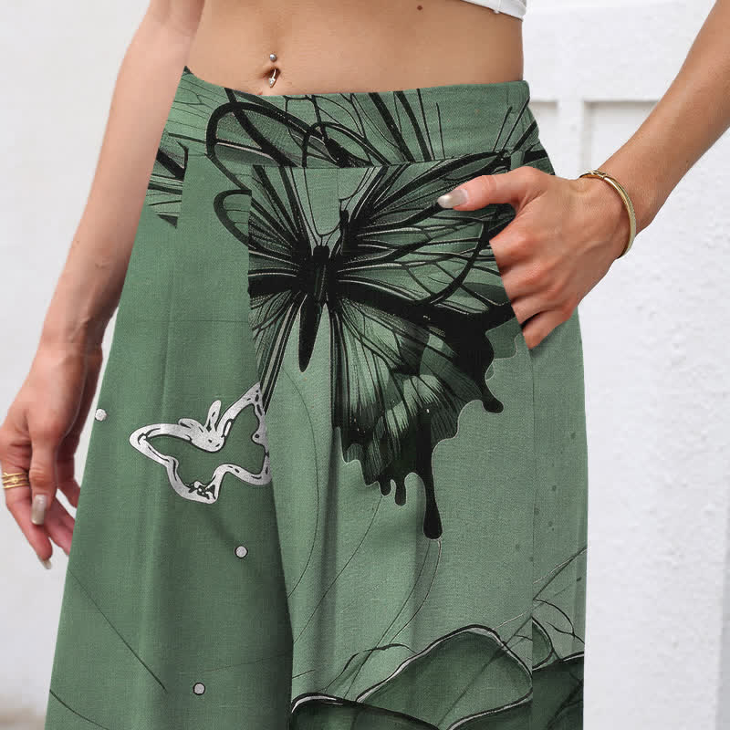 Buddha Stones Baumwoll-Leinen-Hose mit Schmetterlings- und Blumenmuster, elastischem Bund, weitem Bein und Taschen - image 2