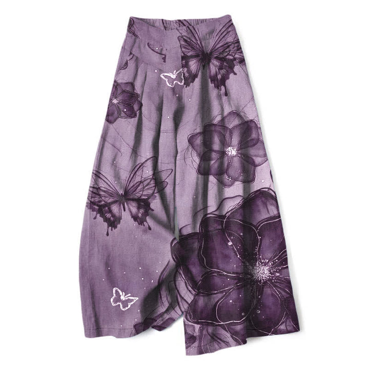Buddha Stones Baumwoll-Leinen-Hose mit Schmetterlings- und Blumenmuster, elastischem Bund, weitem Bein und Taschen - Mittelviolett - US16, UK/AU20, EU48 (3XL) - image 5