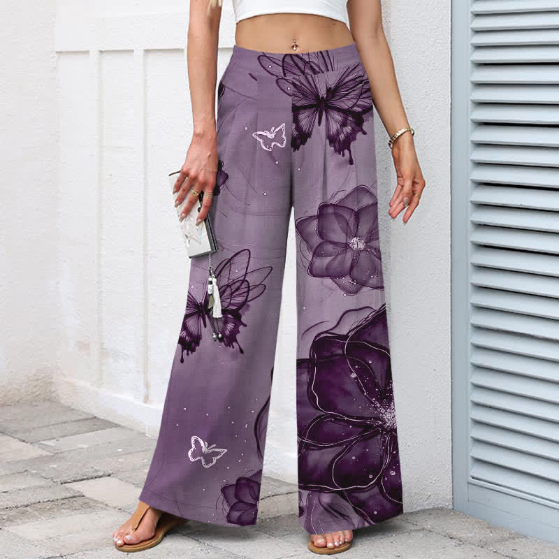 Buddha Stones Baumwoll-Leinen-Hose mit Schmetterlings- und Blumenmuster, elastischem Bund, weitem Bein und Taschen - image 6