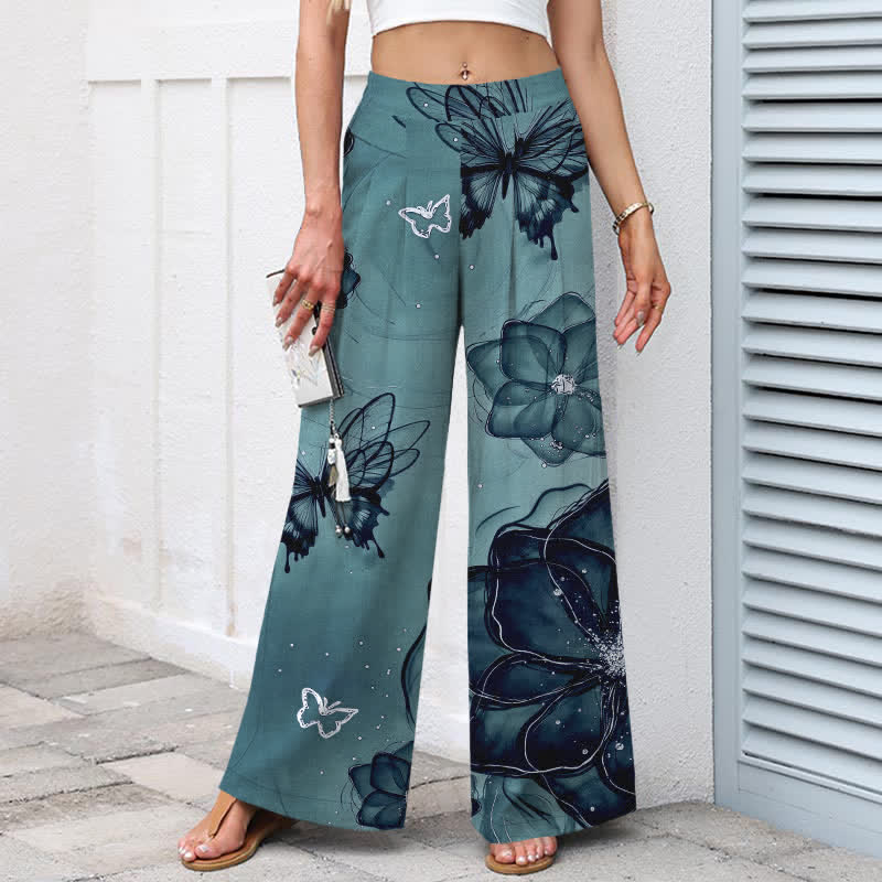 Buddha Stones Baumwoll-Leinen-Hose mit Schmetterlings- und Blumenmuster, elastischem Bund, weitem Bein und Taschen - image 8