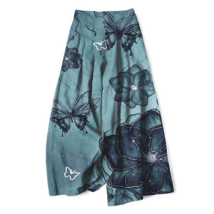 Buddha Stones Baumwoll-Leinen-Hose mit Schmetterlings- und Blumenmuster, elastischem Bund, weitem Bein und Taschen - Mitteltürkis - US16, UK/AU20, EU48 (3XL) - image 7