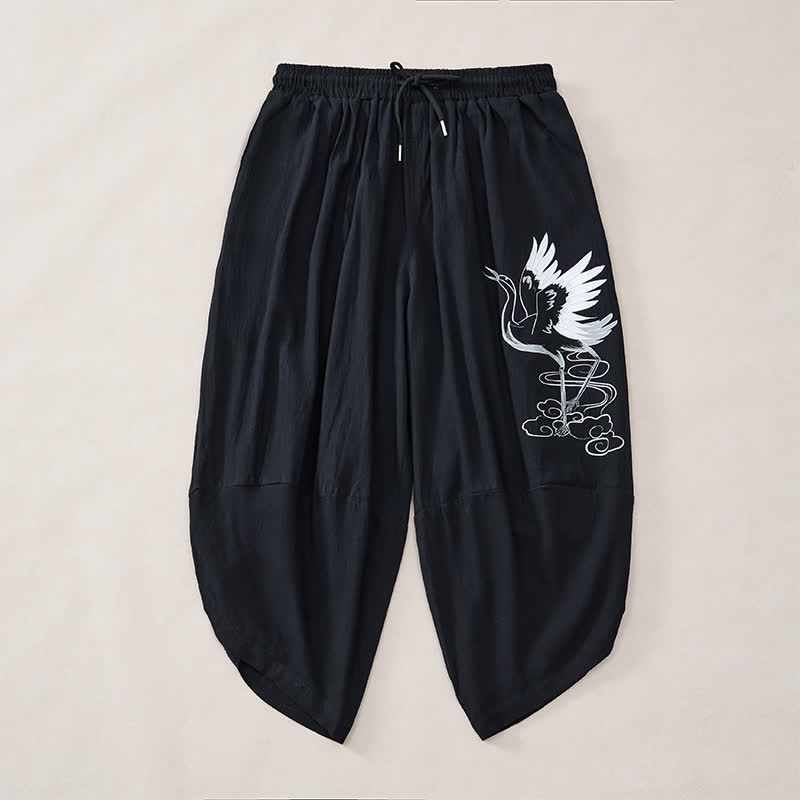 Buddha Stones Lässige Vintage-Caprihose mit Kranichmuster und Kordelzug, Herren-Haremshose mit Tasche - image 11