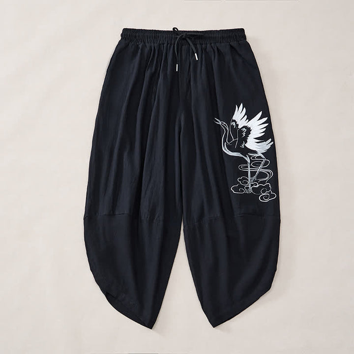 Buddha Stones Lässige Vintage-Caprihose mit Kranichmuster und Kordelzug, Herren-Haremshose mit Tasche - image 11