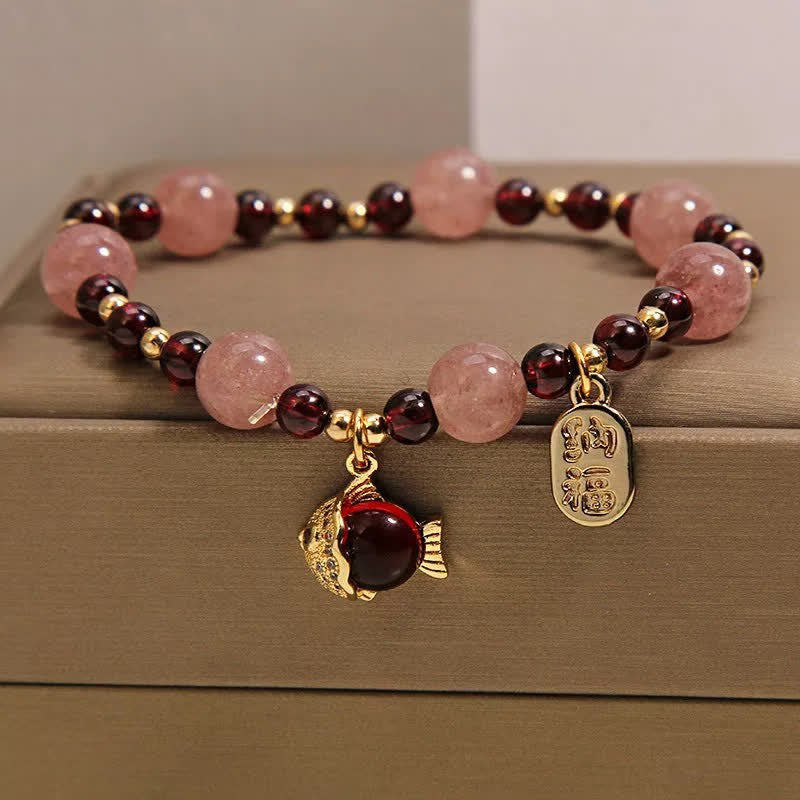 Buddha Stones Erdbeerquarz-Granat-Koi-Fisch-Fu-Charakter-Heilarmband - image 1