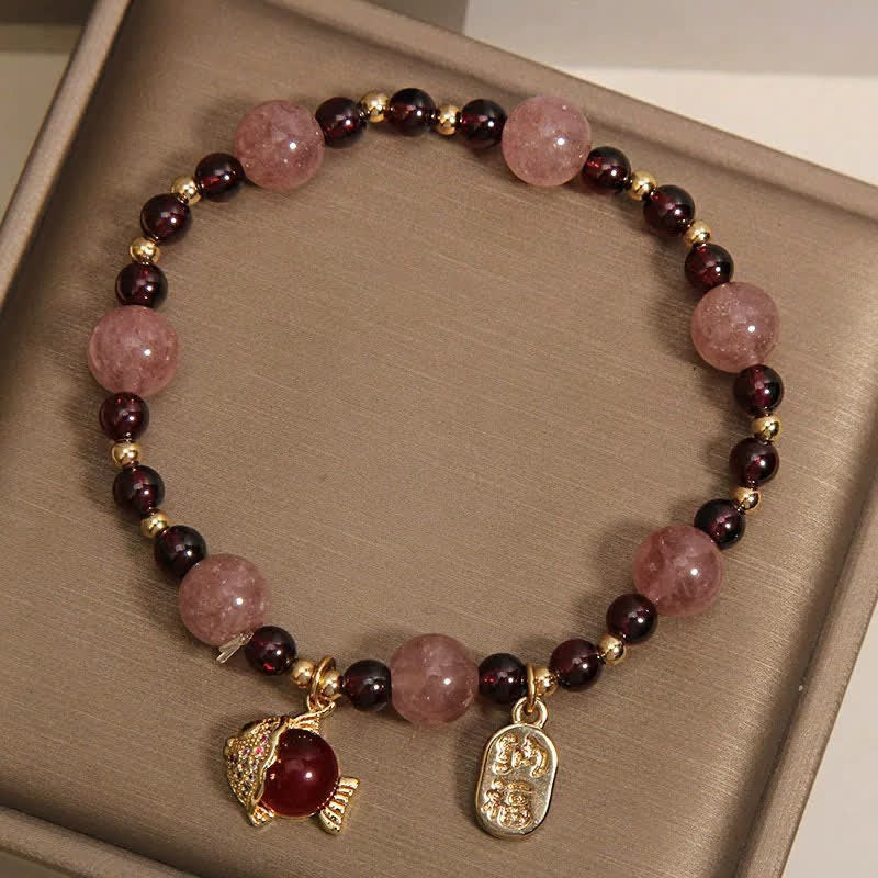 Buddha Stones Erdbeerquarz-Granat-Koi-Fisch-Fu-Charakter-Heilarmband - image 4