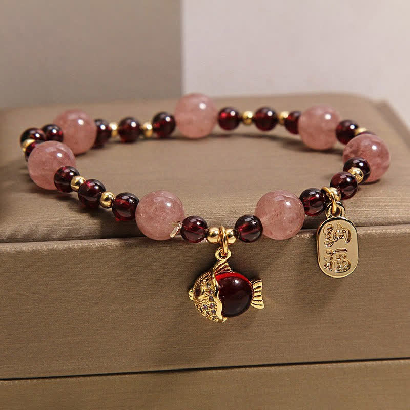 Buddha Stones Erdbeerquarz-Granat-Koi-Fisch-Fu-Charakter-Heilarmband - image 2