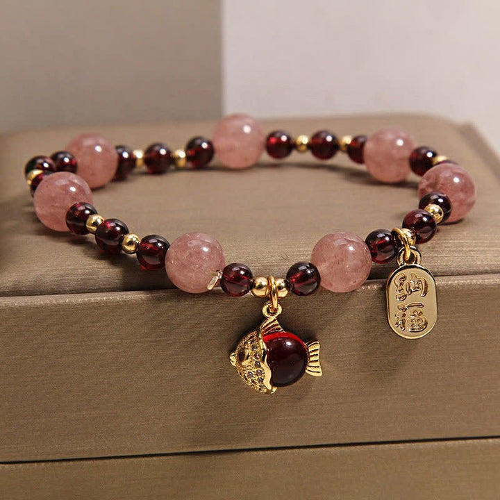 Buddha Stones Erdbeerquarz-Granat-Koi-Fisch-Fu-Charakter-Heilarmband - image 2