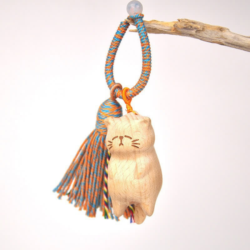 Buddha Stones Handgeschnitzte Schlüsselanhänger aus hellem Holz mit Glückskatzenquaste und Erdungsmotiv - Blaue faule Katze - image 25