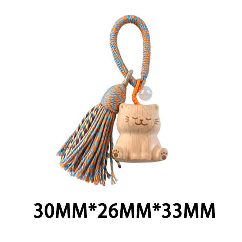 Buddha Stones Handgeschnitzte Schlüsselanhänger aus hellem Holz mit Glückskatzenquaste und Erdungsmotiv - Blaue sitzende Katze - image 39