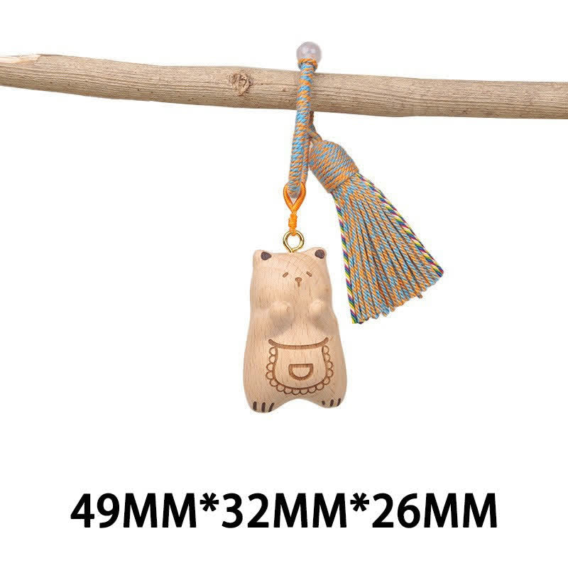 Buddha Stones Handgeschnitzte Schlüsselanhänger aus hellem Holz mit Glückskatzenquaste und Erdungsmotiv - Blue Apron Bär - image 29