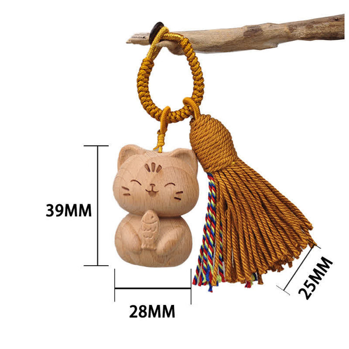 Buddha Stones Handgeschnitzte Schlüsselanhänger aus hellem Holz mit Glückskatzenquaste und Erdungsmotiv - Braune Katze frisst Fisch - image 17