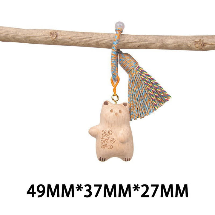 Buddha Stones Handgeschnitzte Schlüsselanhänger aus hellem Holz mit Glückskatzenquaste und Erdungsmotiv - Blauer, nach links blickender Teddybär - image 31