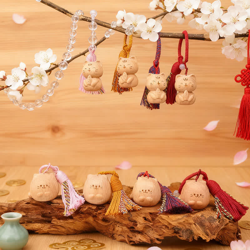 Buddha Stones Handgeschnitzte Schlüsselanhänger aus hellem Holz mit Glückskatzenquaste und Erdungsmotiv - image 42