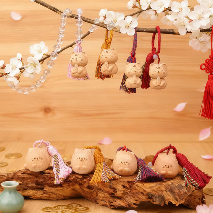 Buddha Stones Handgeschnitzte Schlüsselanhänger aus hellem Holz mit Glückskatzenquaste und Erdungsmotiv - image 42
