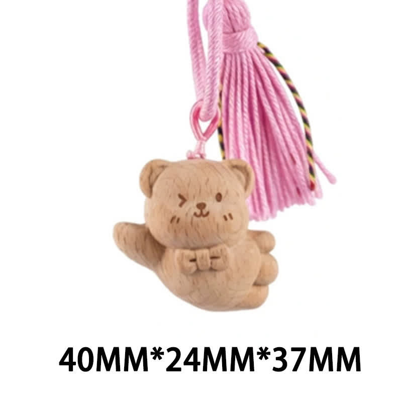 Buddha Stones Handgeschnitzte Schlüsselanhänger aus hellem Holz mit Glückskatzenquaste und Erdungsmotiv - Rosa Bär - image 34
