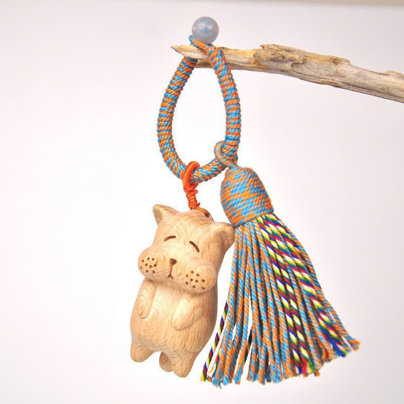 Buddha Stones Handgeschnitzte Schlüsselanhänger aus hellem Holz mit Glückskatzenquaste und Erdungsmotiv - Blauer Hund - image 23