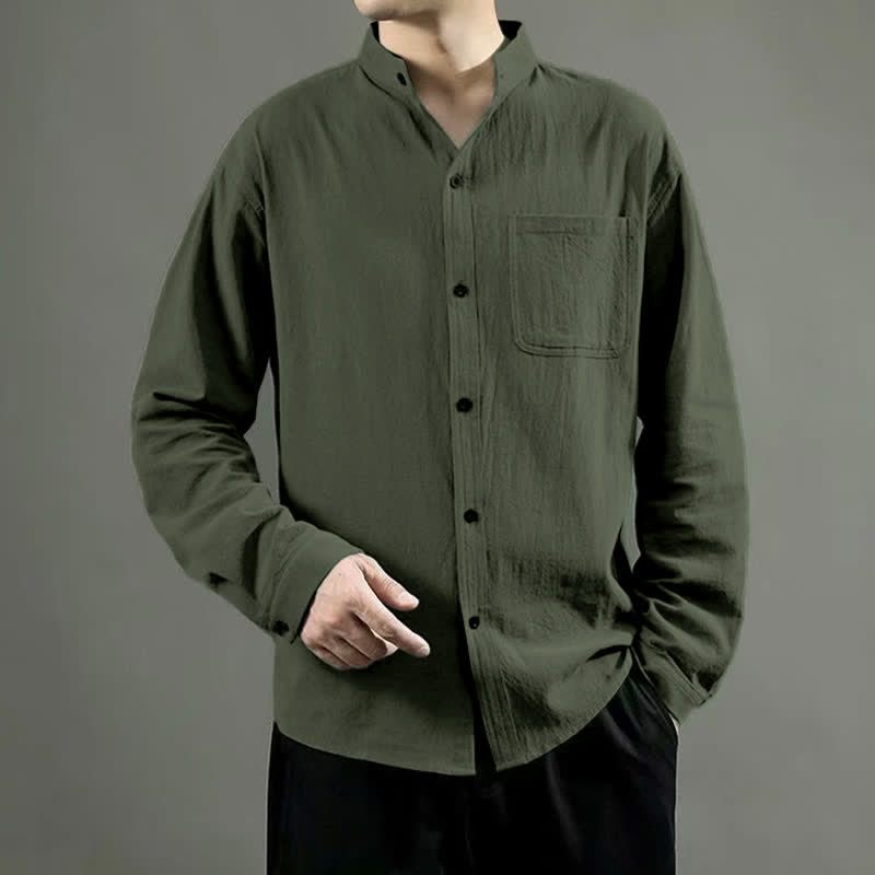 Buddha Stones Herren Langarmhemd mit Tasche, Stehkragen, Komforthemd - Olivgrün - US/ UK/AU46, EU56 (5XL) - image 0