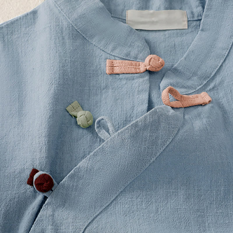 Buddha Stones Casual Plain Slant Stand Collar Collar Colorful Frog-Button Tang Suit Women's Cotton Linen Three Quarter Sleeve Shirt - image 19