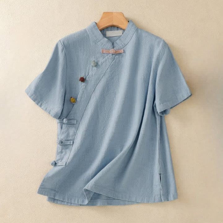 Buddha Stones Casual Plain Slant Stand Collar Collar Colorful Frog-Button Tang Suit Women's Cotton Linen Three Quarter Sleeve Shirt - Hellblau - US 8-10, UK/AU 12-14, EU 40-42 (2XL) - image 15