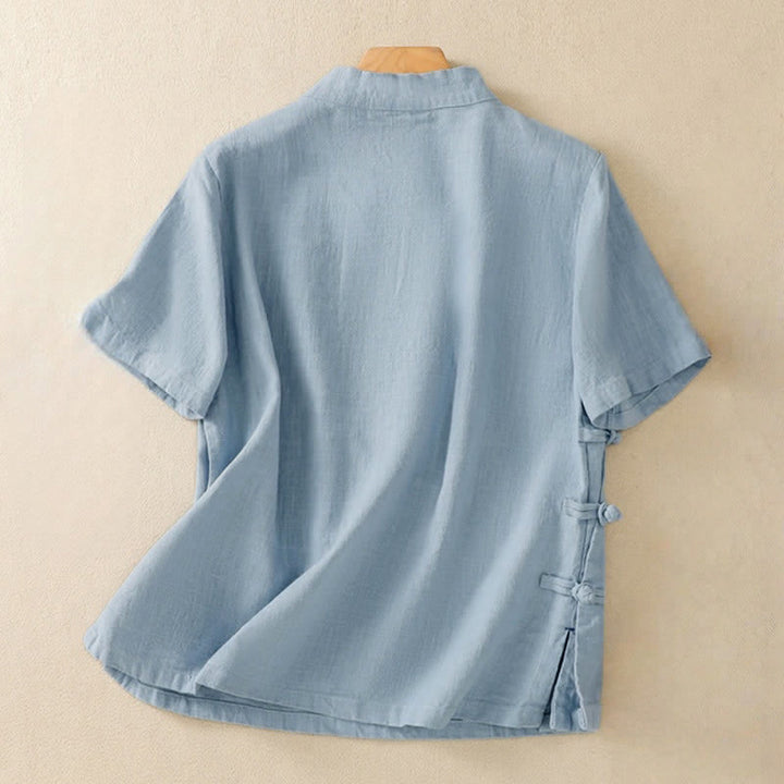 Buddha Stones Casual Plain Slant Stand Collar Collar Colorful Frog-Button Tang Suit Women's Cotton Linen Three Quarter Sleeve Shirt - image 16