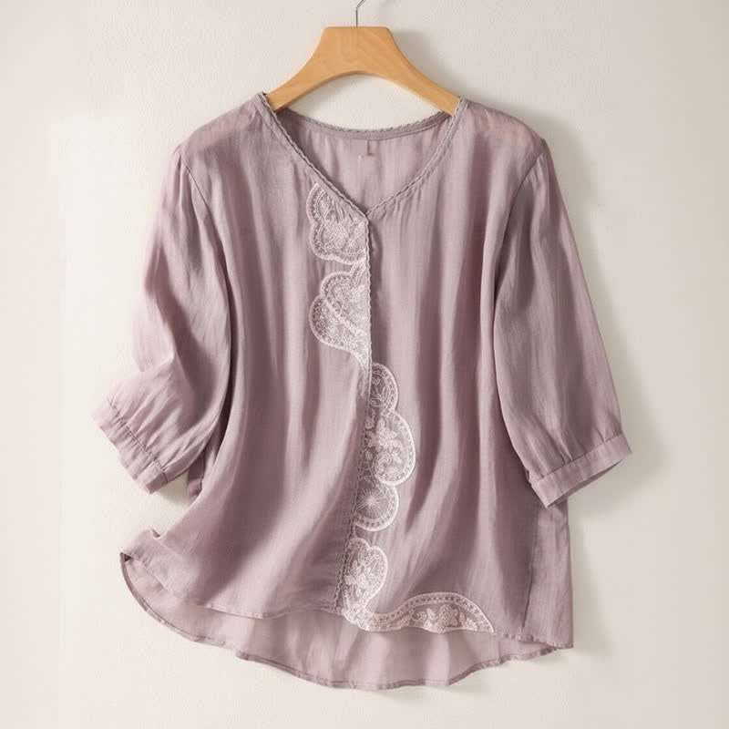 Lässiges Damen-T-Shirt mit Buddha Stones -Stickmuster, V-Ausschnitt und halben Ärmeln - Pflaume - US14, UK/AU18, EU46 (2XL) - image 0