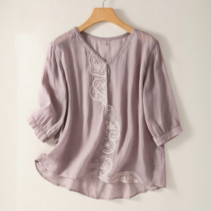 Lässiges Damen-T-Shirt mit Buddha Stones -Stickmuster, V-Ausschnitt und halben Ärmeln - Pflaume - US14, UK/AU18, EU46 (2XL) - image 0