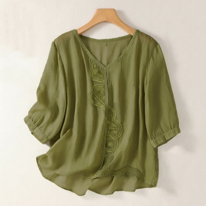 Lässiges Damen-T-Shirt mit Buddha Stones -Stickmuster, V-Ausschnitt und halben Ärmeln - Gelbgrün - US14, UK/AU18, EU46 (2XL) - image 16
