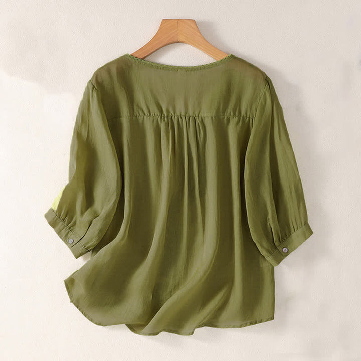 Lässiges Damen-T-Shirt mit Buddha Stones -Stickmuster, V-Ausschnitt und halben Ärmeln - image 17