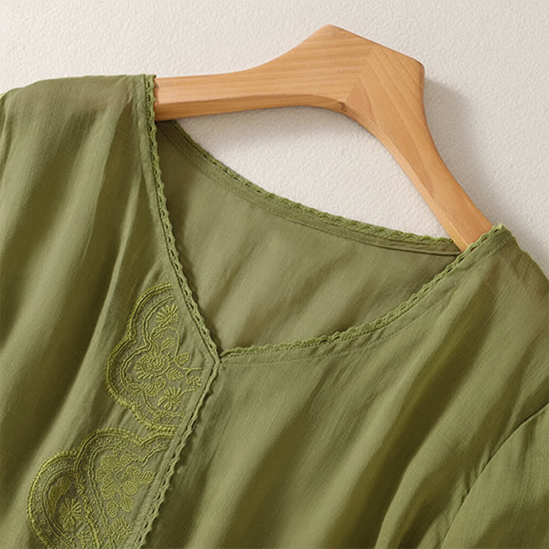 Lässiges Damen-T-Shirt mit Buddha Stones -Stickmuster, V-Ausschnitt und halben Ärmeln - image 18