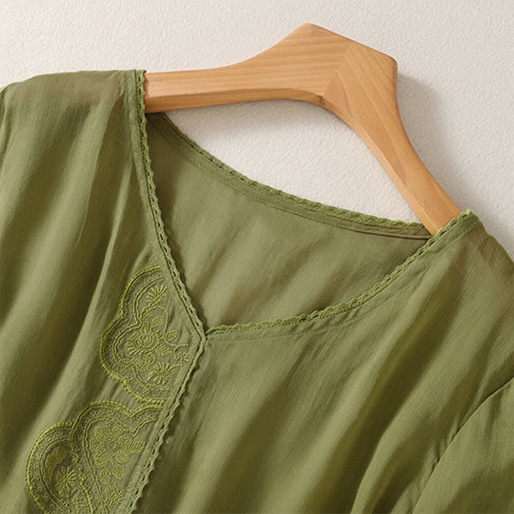 Lässiges Damen-T-Shirt mit Buddha Stones -Stickmuster, V-Ausschnitt und halben Ärmeln - image 18